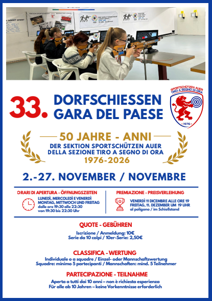 33. Dorfschießen / Gara del paese 2026 – 2.–27. November / novembre
